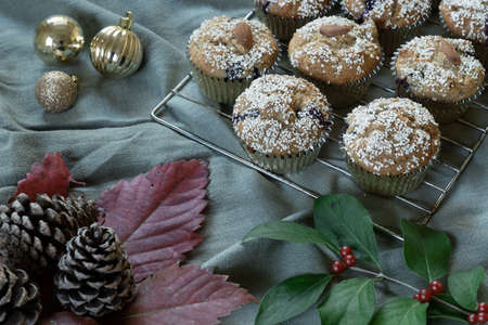 Horizontal close-up of Christmas cupcakes with Christmas decorations, Christmas meal concept with copy spaceの写真素材