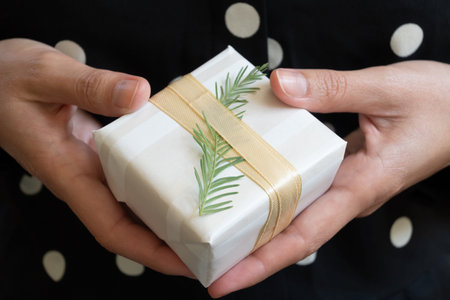 Close-up of woman's hands holding Christmas gift with natural plant decoration, with dark...