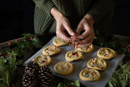 Front shot of unrecognizable woman decorating christmas cookies, dark background, dark styleの写真素材