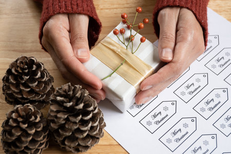 Front shot of Christmas gift between woman's hands next to "merry christmas" tagsの写真素材