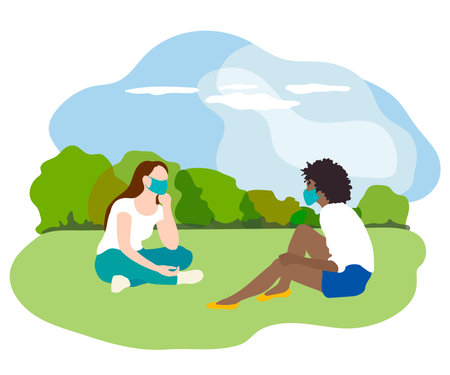 Two women in a park at a safe distance from each other. Flat style. Can be used during the prevention of coronavirus outbreak Covid-19.のイラスト素材