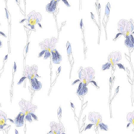 Iris flowers seamless pattern. Delicate pastel colors. Hand drawn nature painting.のイラスト素材