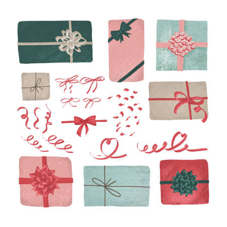 A set of gift boxes, ribbons, bows and tinsel. Hand-drawn isolated on white backgroundの写真素材