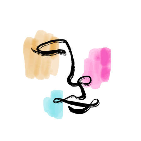 Woman face drawing by one-stroke and watercolor. Abstract minimalistic style.のイラスト素材