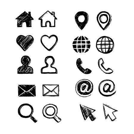 Set network icons. Hand-drawn by brush. Texture grunge style. Home, favorites, user, email, search, pin, internet, phone call, arroba, cursor icons.のイラスト素材