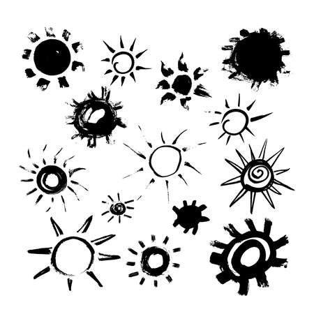 Set of suns, drawn in black ink by hand. 14 different options for logo, icon and pattern.のイラスト素材