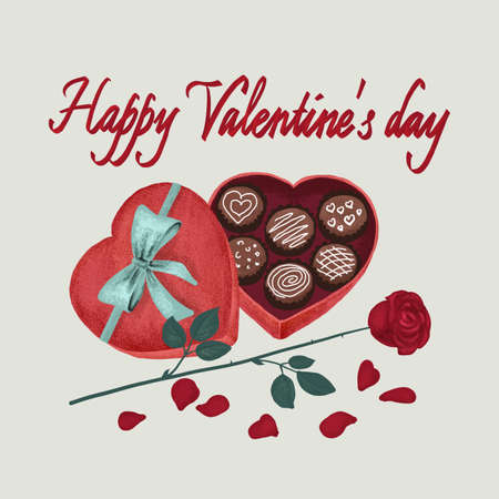 Valentines day greeting card. Chocolates in the form of a heart and a rose with petalsの写真素材