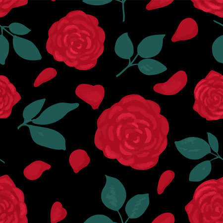 Roses are bright red on a dark background. Seamless pattern.のイラスト素材