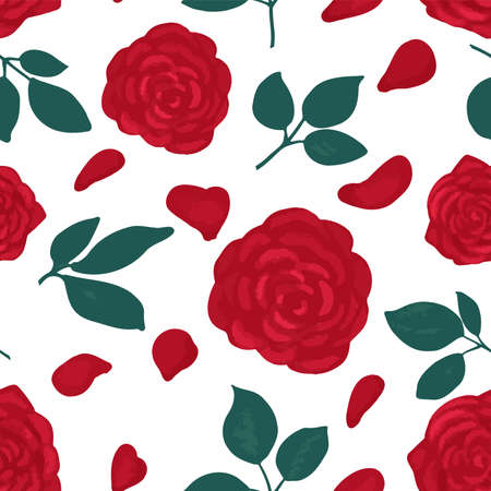 Roses and petals on a white background. Seamless pattern . Vector illustrationのイラスト素材