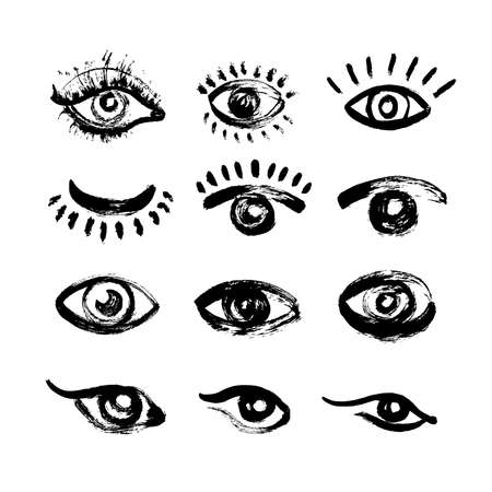 Eyes signs set of black ink freehand. 10 different options.のイラスト素材