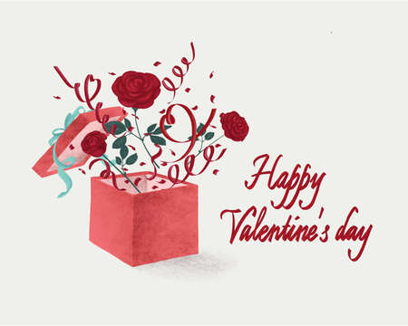 The surprise box explodes with ribbons, roses, hearts. Valentines day card conceptの写真素材