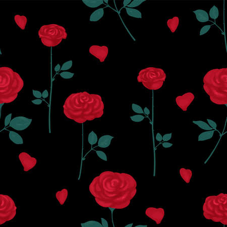 Roses and petals on a dark background. Seamless pattern. Vector illustrationのイラスト素材