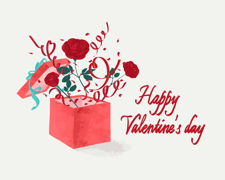 The surprise box explodes with ribbons, roses, hearts. Valentines day card conceptのイラスト素材