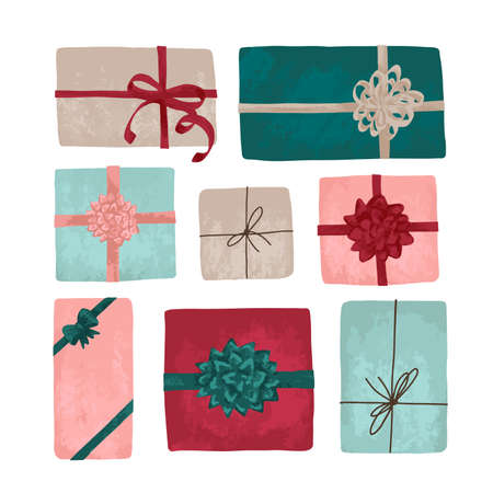 Set of eight hand-drawn gift boxes isolated on white backgroundのイラスト素材