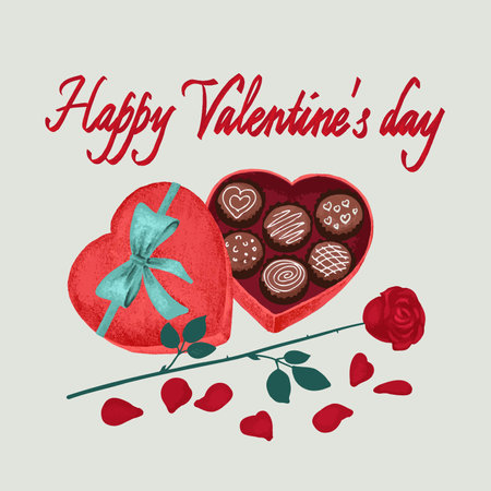 Valentines day greeting card. Chocolates in the form of a heart and a rose with petalsのイラスト素材