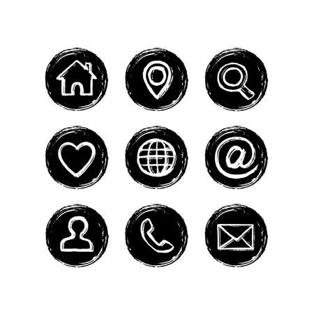 Set network icons. Hand-drawn by brush. Texture grunge style. Home, favorites, user, email, search, pin, internet, phone call, arroba, cursor icons.のイラスト素材