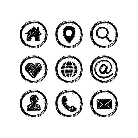 Set network icons. Hand-drawn by brush. Texture grunge style. Home, favorites, user, email, search, pin, internet, phone call, arroba, cursor icons.のイラスト素材