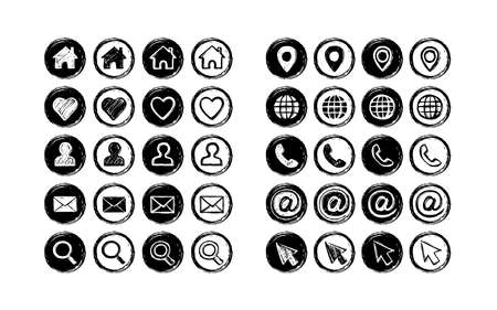 Set network icons. Hand-drawn by brush. Texture grunge style. Home, favorites, user, email, search, pin, internet, phone call, arroba, cursor icons.のイラスト素材