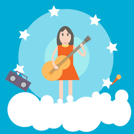 Girl with guitar flat illustration on blue backgroundのイラスト素材
