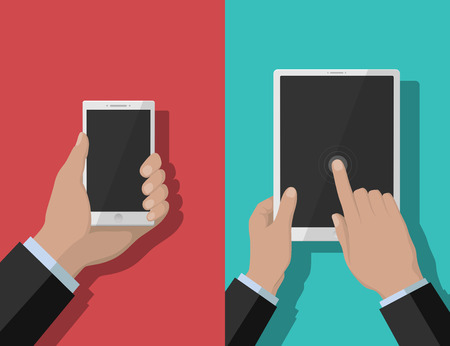 Smartphone and tablet-pc illustration, device in hands on red and blue backgroundのイラスト素材