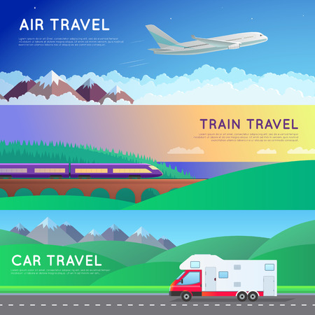 Travel panorama set, three panoramic pictures with plane, train and carのイラスト素材
