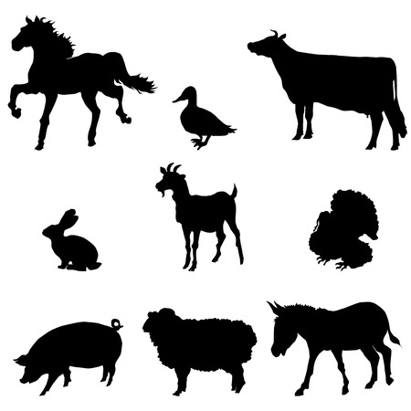 Farm animals silhouette set, black image isolated on white backgroundのイラスト素材
