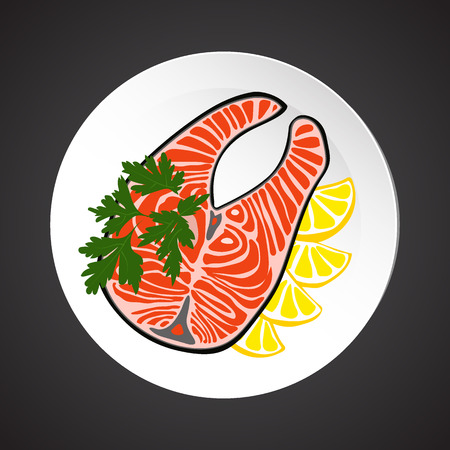 Salmon steak illustration, dish plate isolated on blackのイラスト素材