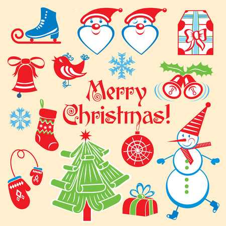 Merry Christmas illustrations set, collection of holiday images on beige backgroundのイラスト素材
