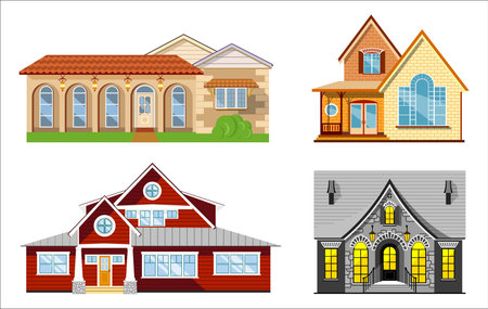 House illustration set, four flat colored houses on white backgroundのイラスト素材