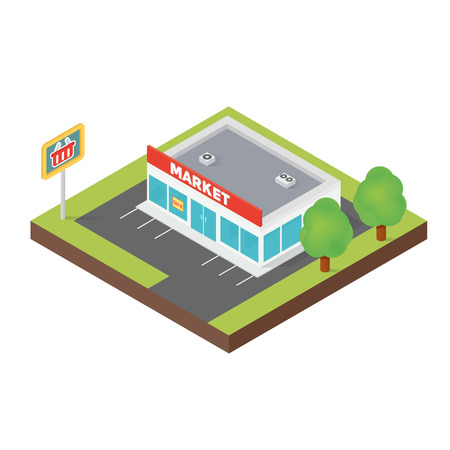 Isometric supermarket building isolated on white backgroundのイラスト素材