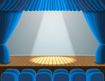 Spotlight on the theater stage. Illustration with blue seats and curtainのイラスト素材
