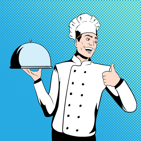 Chef cook holds a tray. Illustration in comics styleのイラスト素材