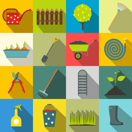 16 garden flat icons set. Color symbols with grass, watertights, watering canのイラスト素材