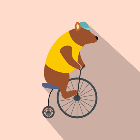 Vintage bear on bike flat icon. Funny bear ride a bicycle on pink backgroundのイラスト素材