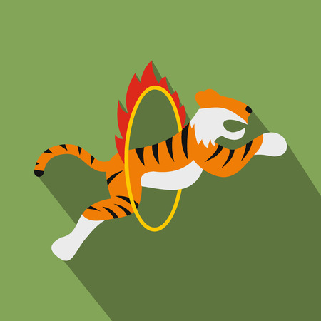 Circus tiger jumping through flaming hoop. Flat illustration. On a green background.のイラスト素材
