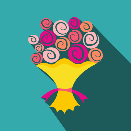 Bouquet of flowers flat icon. Valentine Day flowers in a yellow packageのイラスト素材