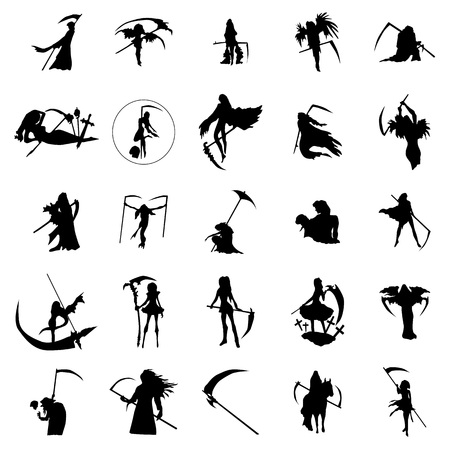 Grim reaper woman silhouettes set isolated on white backgroundのイラスト素材