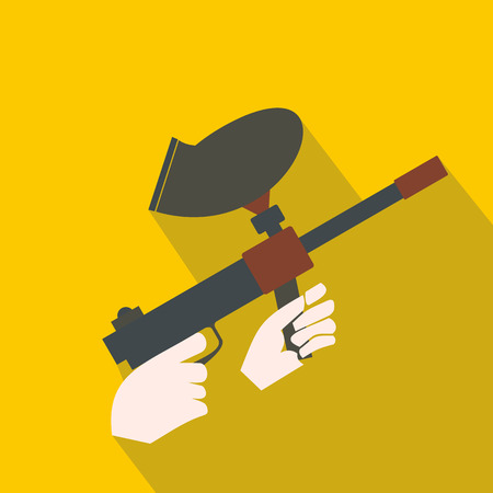 Paintball marker flat icon. Paintball gun with paint on a yellow backgroundのイラスト素材