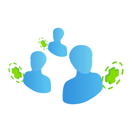 3 human symbols with green plus symbols. Isometric icon on a white backgroundのイラスト素材