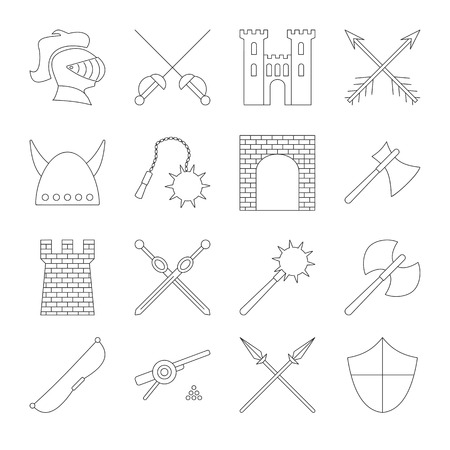 Medieval outline icons set. 16 simple black symbols on a white backgroundのイラスト素材