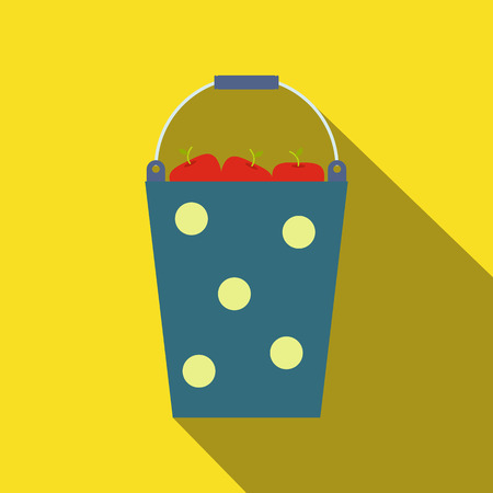 Blue bucket of fruit flat icon on a yellow backgroundのイラスト素材