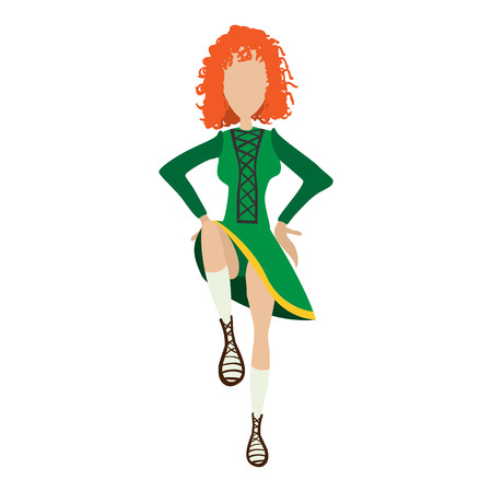 Illustration of irishstep dancer girl in traditional costume. Single cartoon symbol on a whiteのイラスト素材
