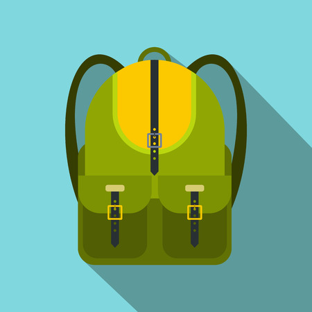 Green touristic backpack flat icon on a blue background with shadowのイラスト素材