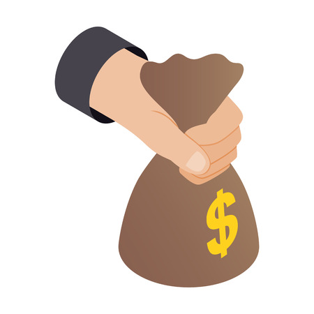 Hand holding a bag of money 3d isometric icon isolated on a white backgroundのイラスト素材
