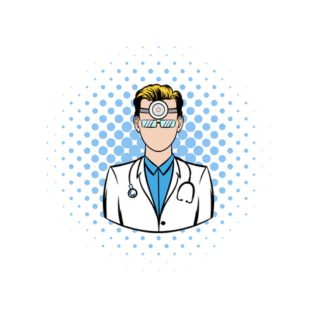 Doctor with stethoscope and reflector frontal of otolaryngologist comics icon on a white backgroundのイラスト素材