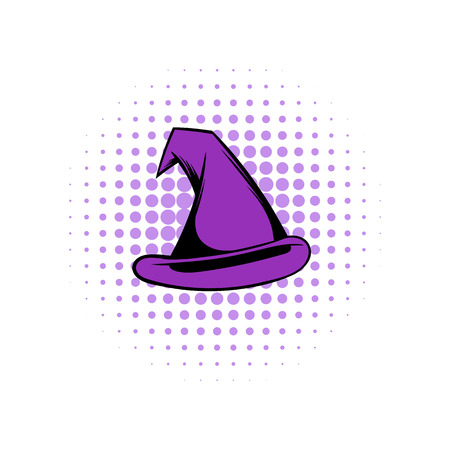 Violet witch hat comics icon. Halloween symbol isolated on a white backgroundのイラスト素材