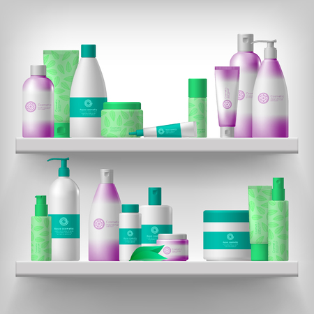 Female cosmetic and hygiene beauty treatment product packages on shelves realistic conceptのイラスト素材