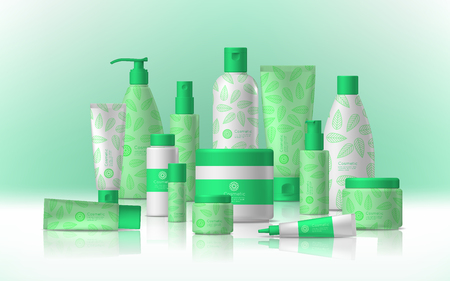 Female cosmetic and hygiene beauty treatment product packages realistic conceptのイラスト素材