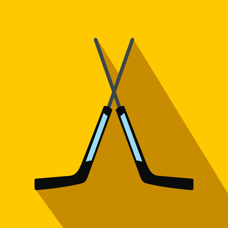 Two crossed hockey sticks flat icon. Goalkeeper sticks with shadow on a yellow backgroundのイラスト素材