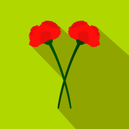 Two red carnation flowers flat icon. Funeral flowers isolated on a green backgroundのイラスト素材